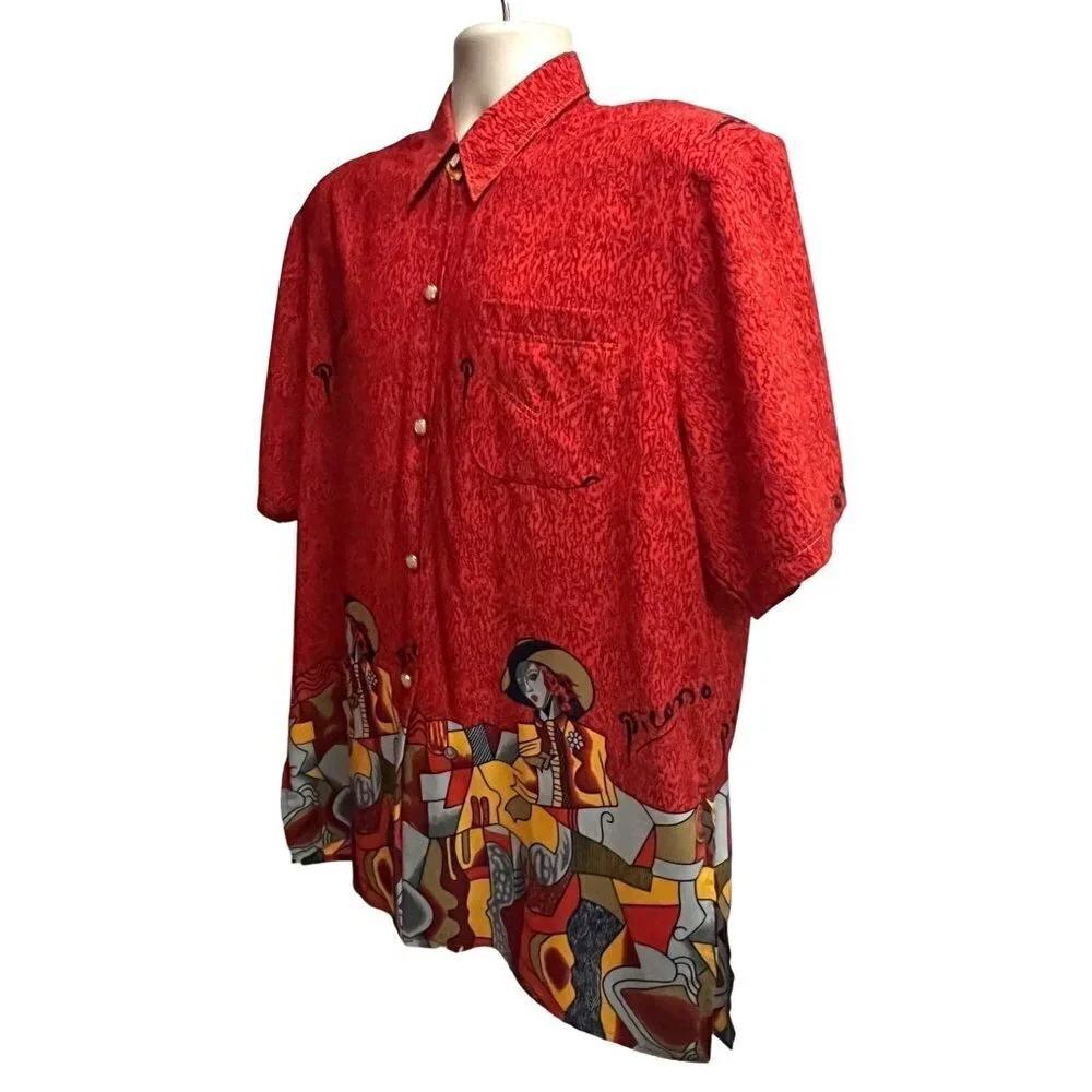 Pablo Picasso Vintage 80s Pop Art Print Red Button Front Camp Shirt XL Pocket